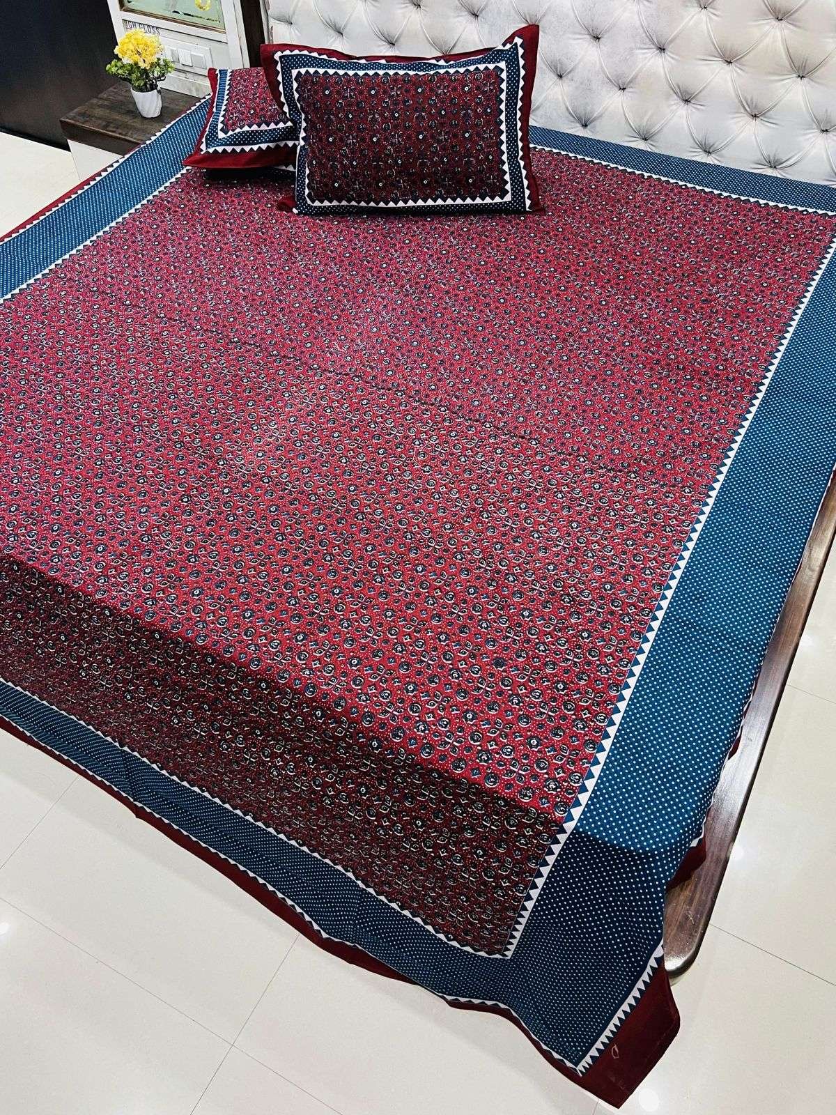 Daabu Print Double Standard Size Bedsheet with 2 Zipped Pillow Cover(90 inches by 108 inches)