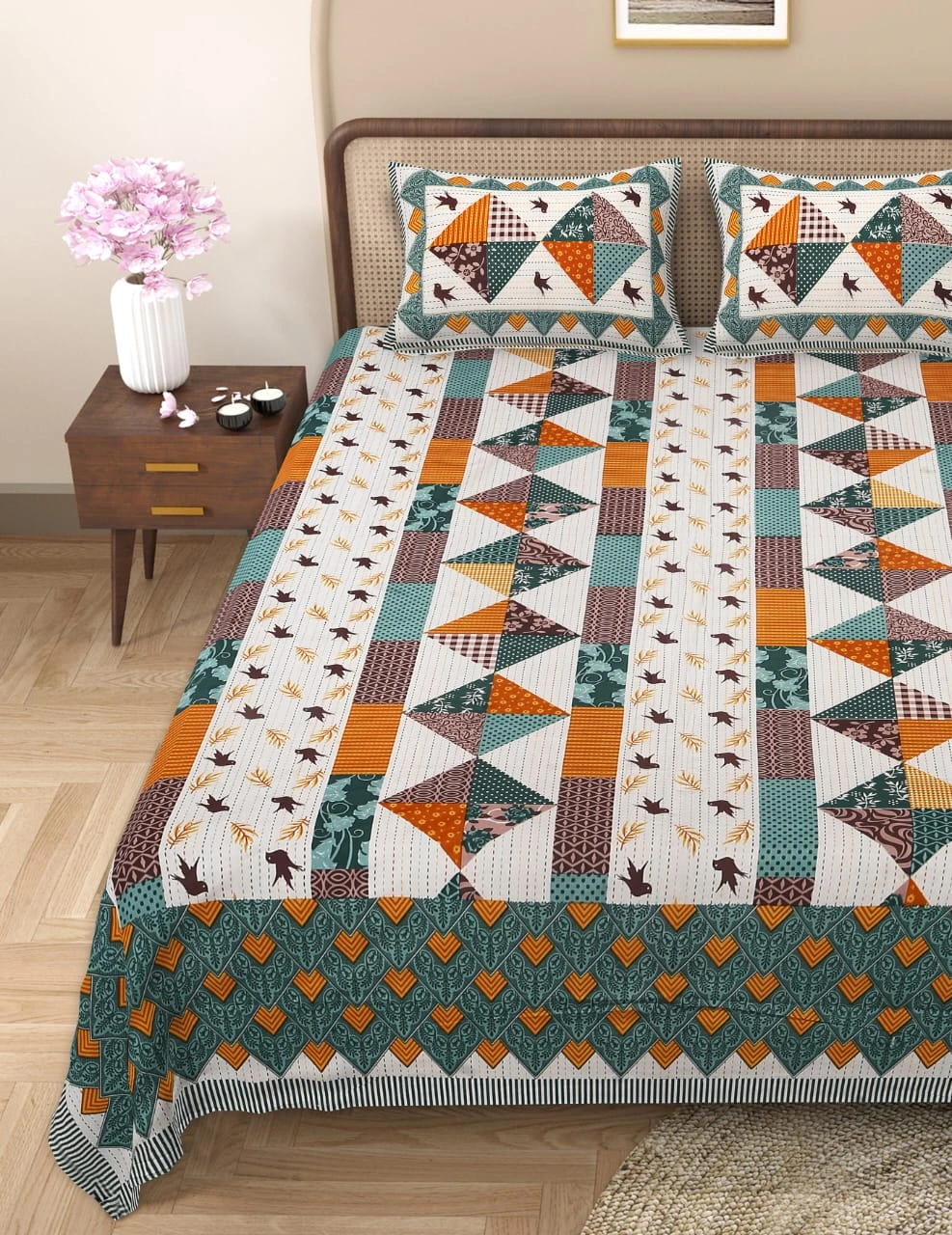 Barmeri Patch Print Double Standard Size Bedsheet with 2 Zipped Pillow Cover(90 inches by 108 inches)
