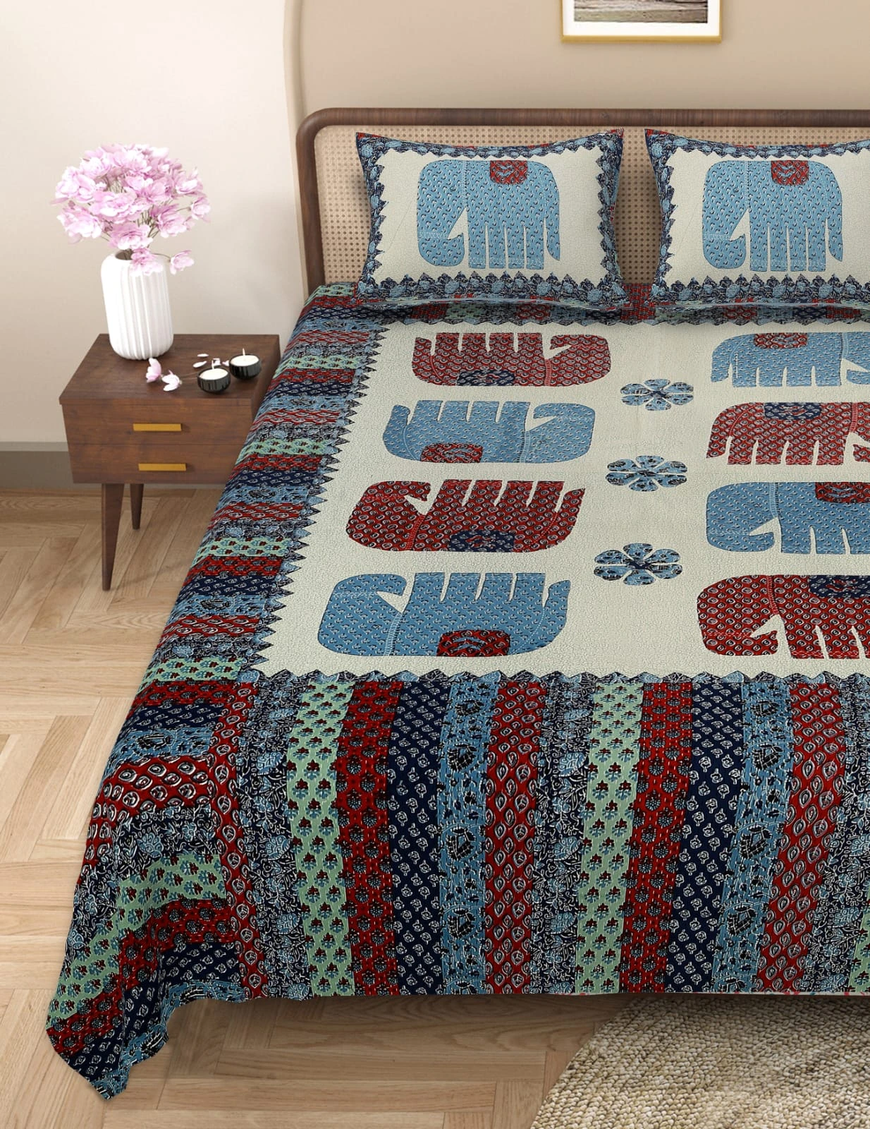 Barmeri Patch Print Double Standard Size Bedsheet with 2 Zipped Pillow Cover(90 inches by 108 inches)