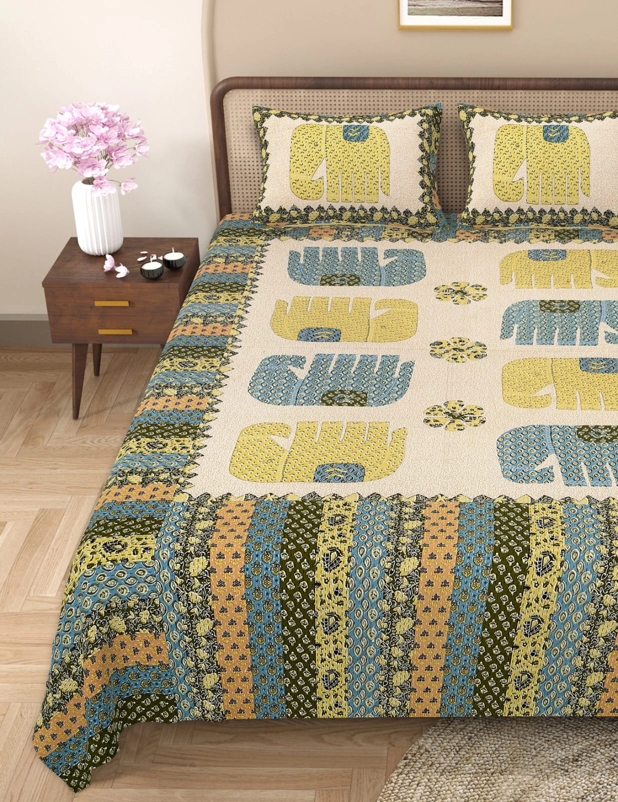 Barmeri Patch Print Double Standard Size Bedsheet with 2 Zipped Pillow Cover(90 inches by 108 inches) - Image 2