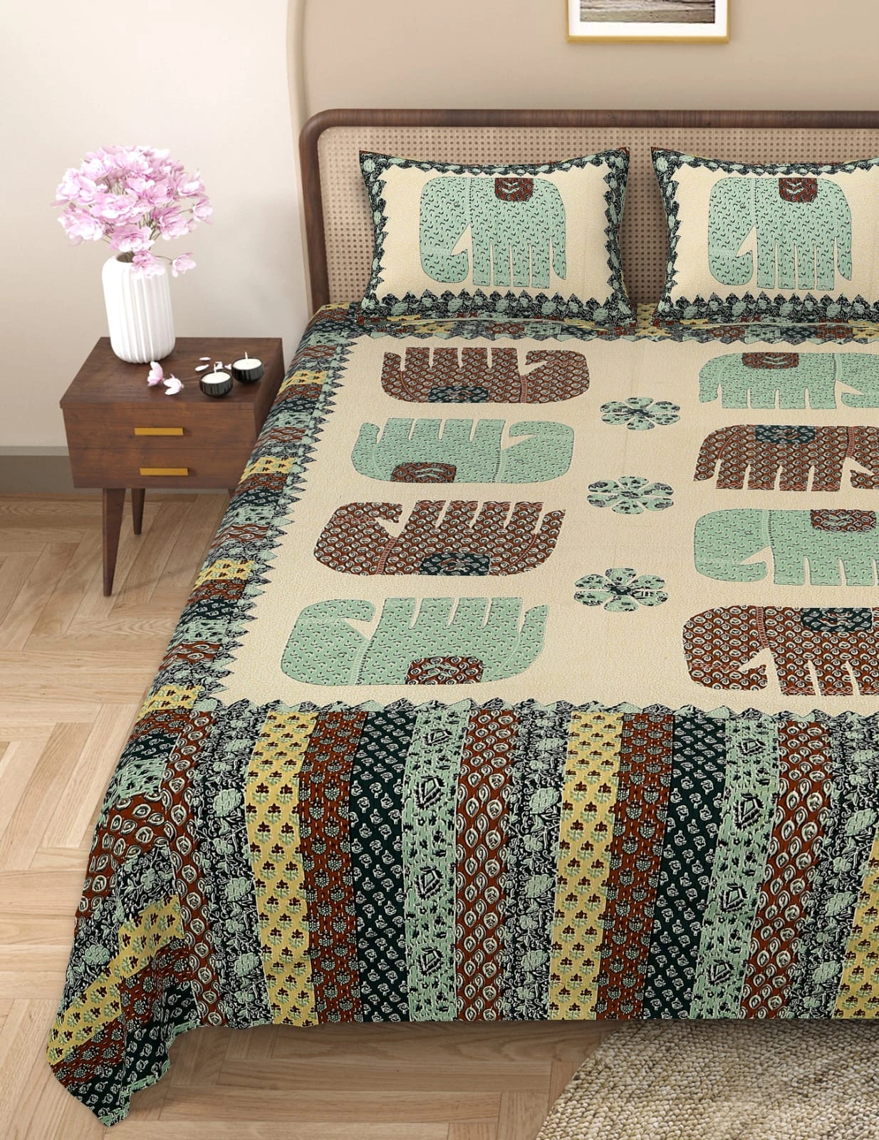 Barmeri Patch Print Double Standard Size Bedsheet with 2 Zipped Pillow Cover(90 inches by 108 inches) - Image 3