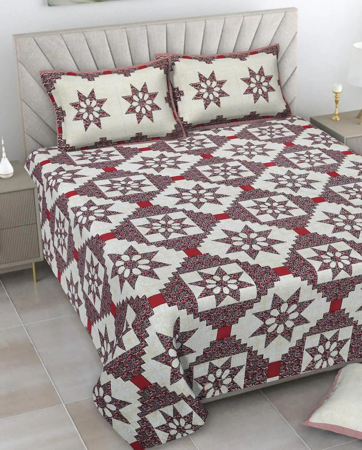 Barmeri Patch Print Double Standard Size Bedsheet with 2 Zipped Pillow Cover(90 inches by 108 inches)