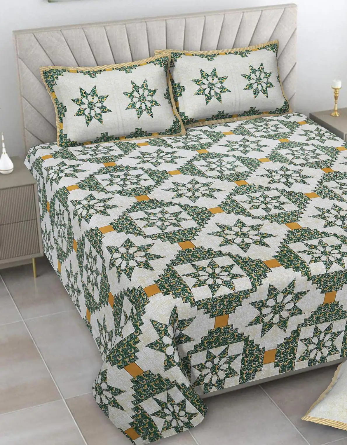 Barmeri Patch Print Double Standard Size Bedsheet with 2 Zipped Pillow Cover(90 inches by 108 inches) - Image 2