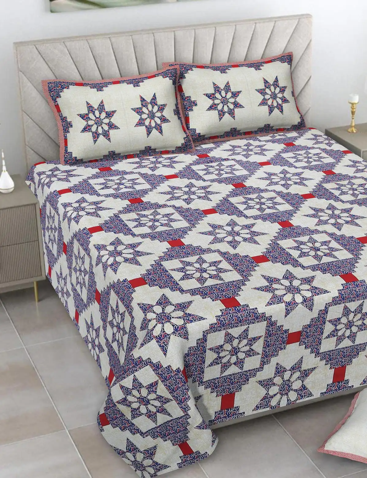 Barmeri Patch Print Double Standard Size Bedsheet with 2 Zipped Pillow Cover(90 inches by 108 inches) - Image 3