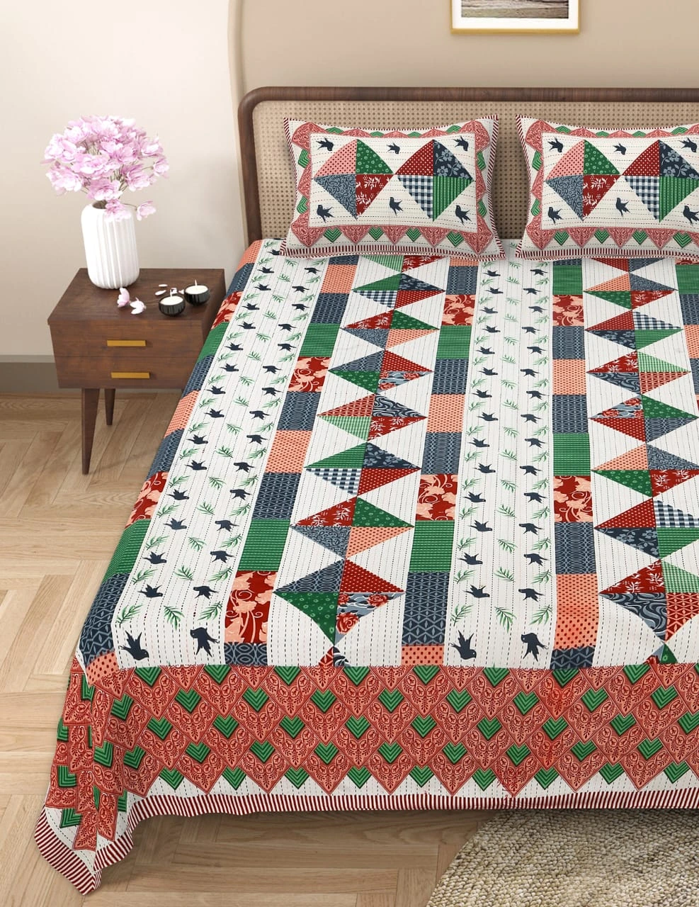 Barmeri Patch Print Double Standard Size Bedsheet with 2 Zipped Pillow Cover(90 inches by 108 inches) - Image 2