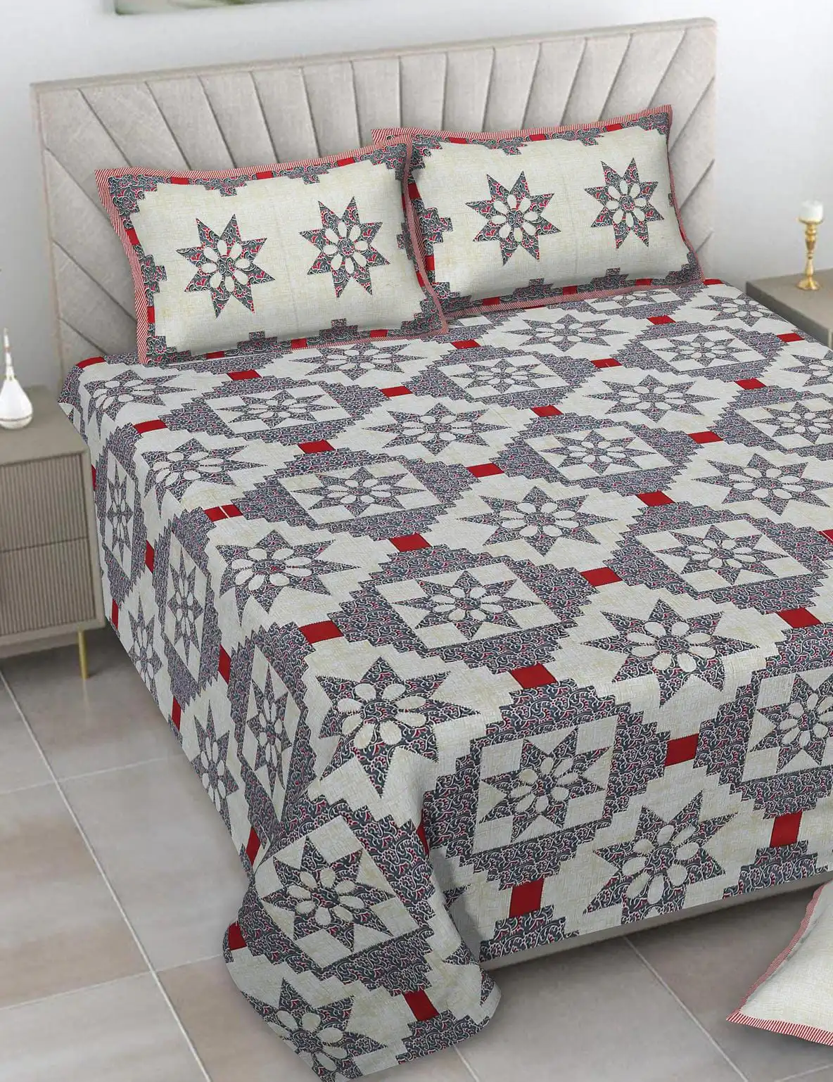 Barmeri Patch Print Double Standard Size Bedsheet with 2 Zipped Pillow Cover(90 inches by 108 inches) - Image 4