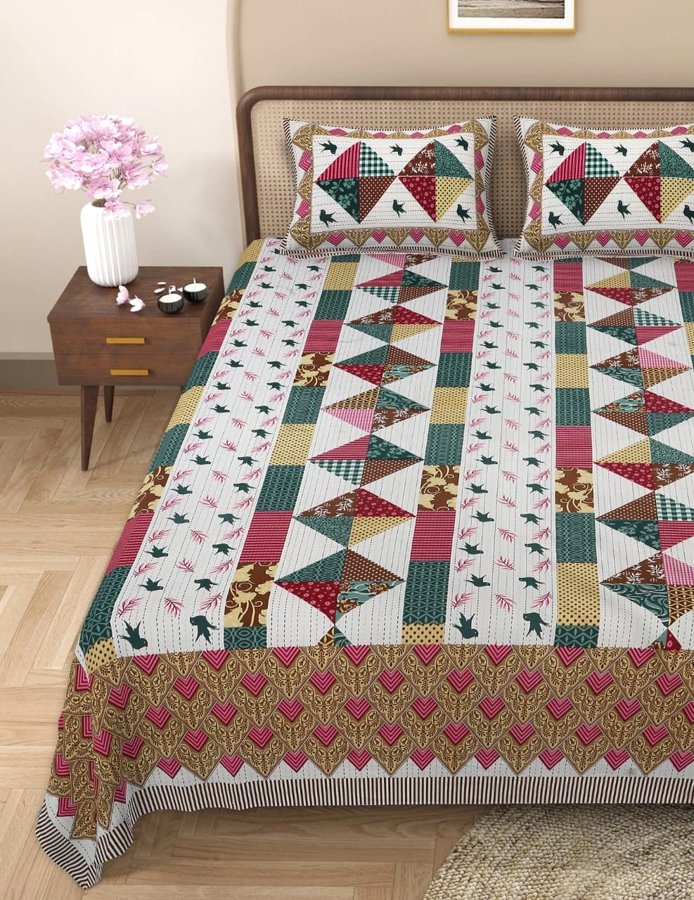 Barmeri Patch Print Double Standard Size Bedsheet with 2 Zipped Pillow Cover(90 inches by 108 inches) - Image 3