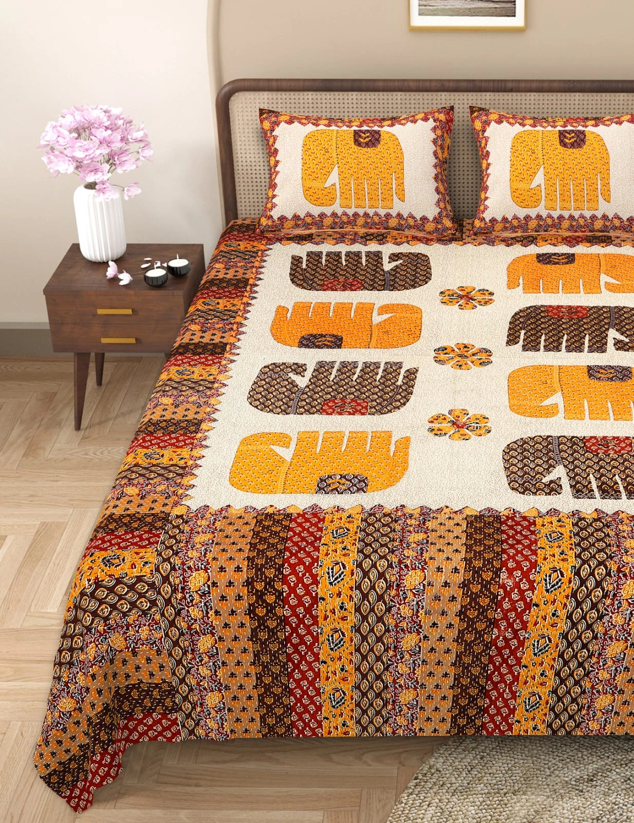 Barmeri Patch Print Double Standard Size Bedsheet with 2 Zipped Pillow Cover(90 inches by 108 inches) - Image 4